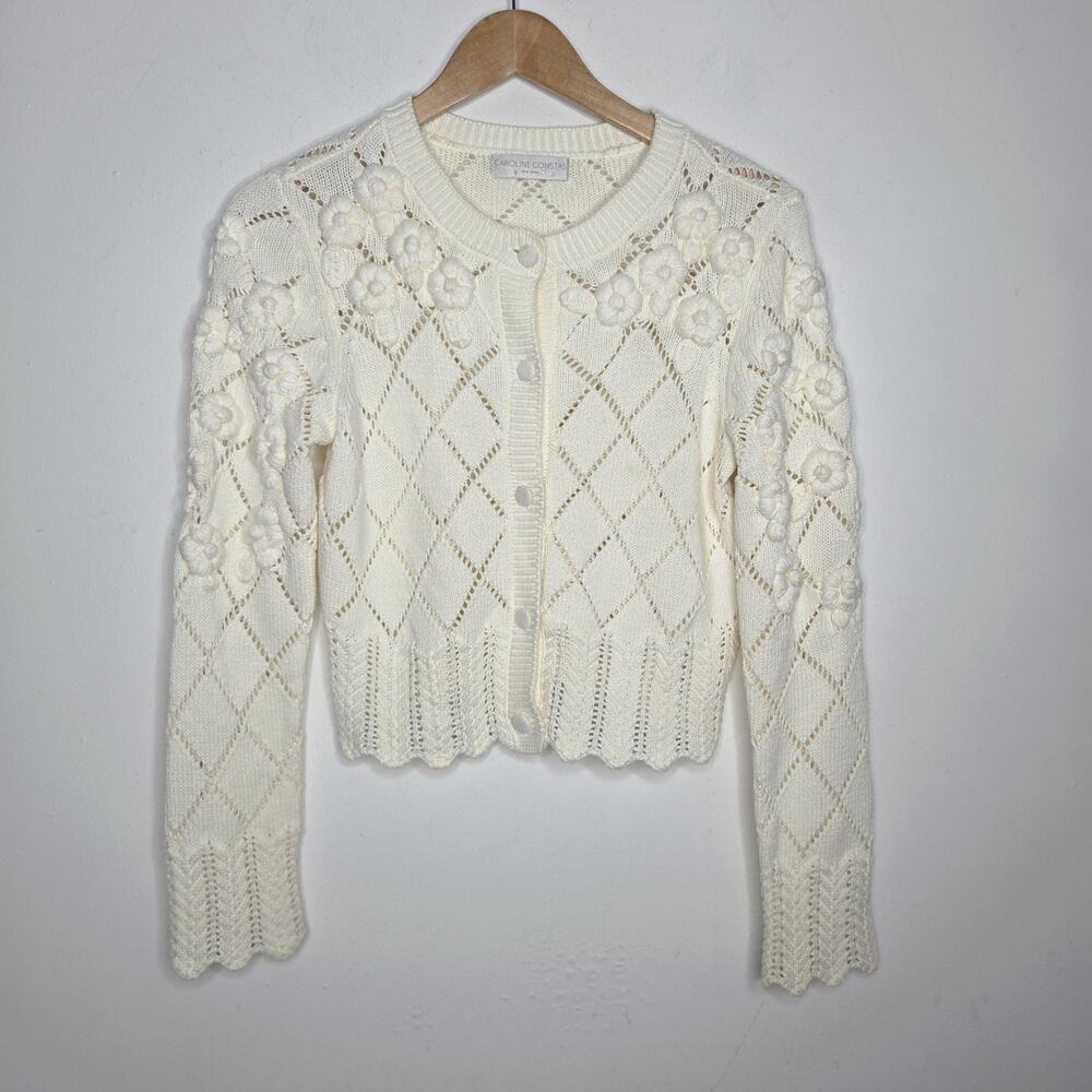 Caroline Constas Cardigan M Cream Pointelle Floral Knit No Size Tag